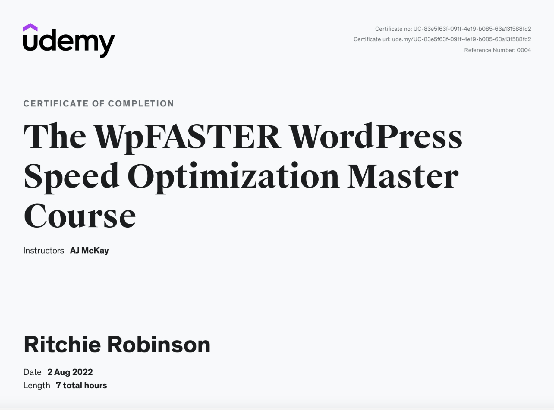 Wordpress Speed Optimisation Certificate