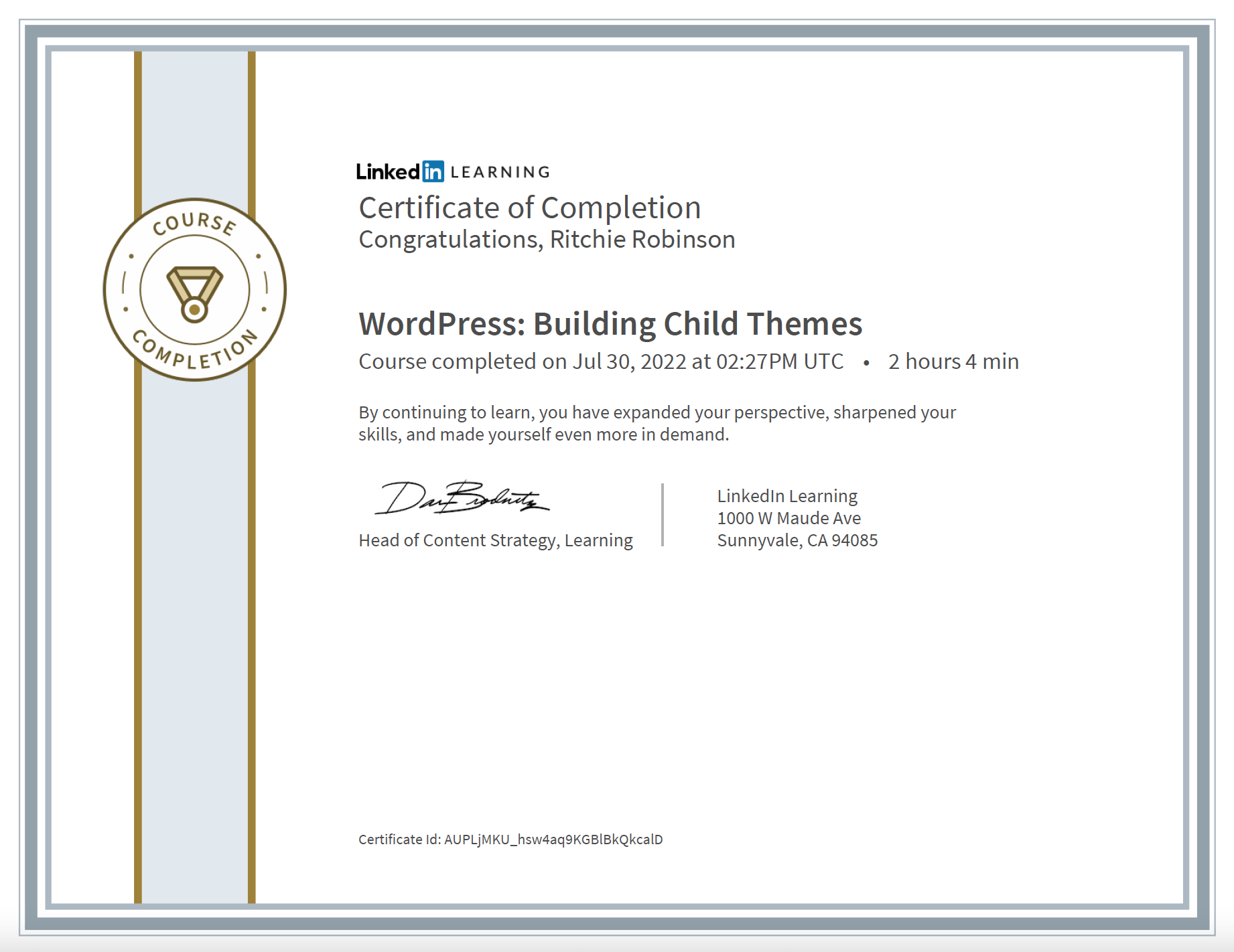 wp child themes certificate