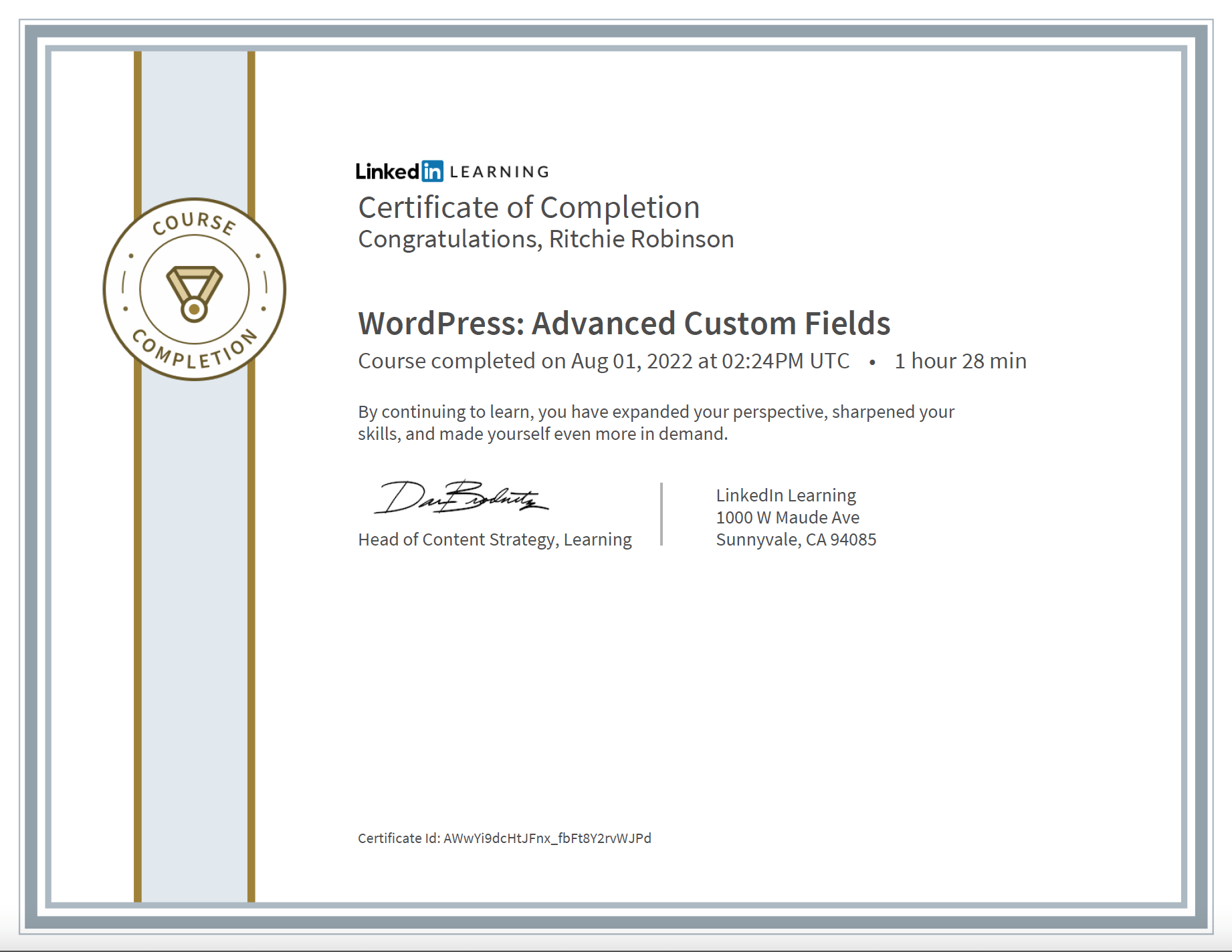 wp custom fields certificate